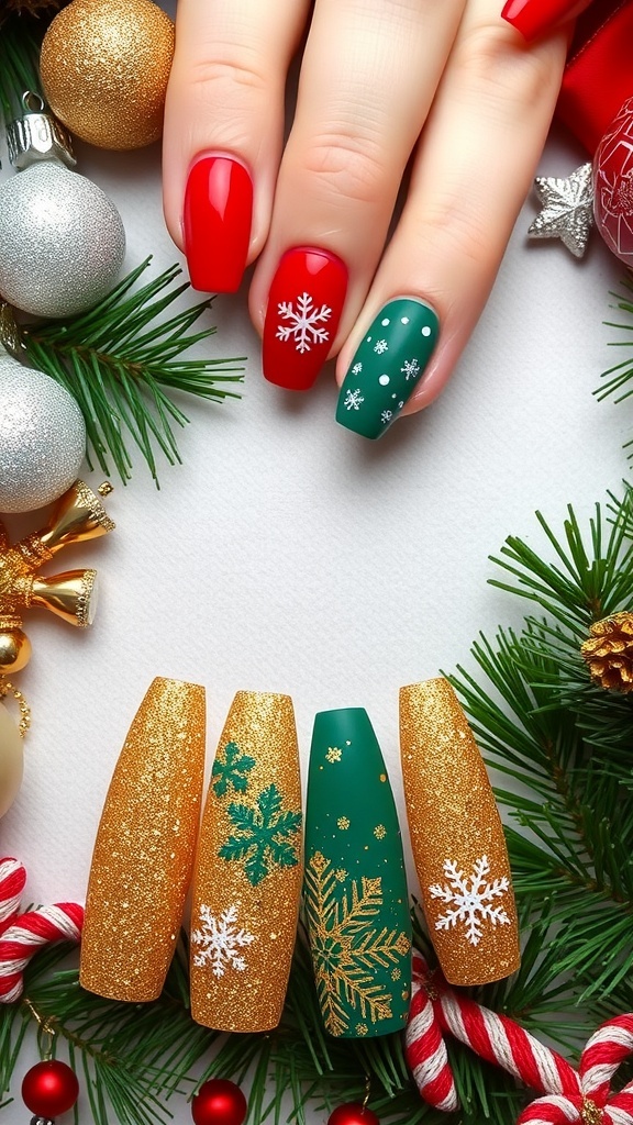 A collection of Christmas nail designs on short and long nails, featuring red and green colors with festive patterns.